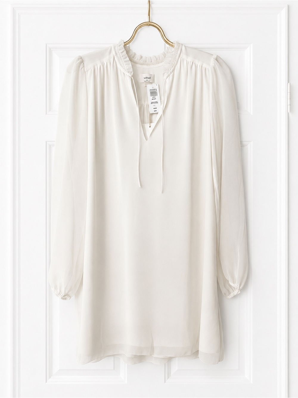 Aritzia Wilfred Cream Ruffle-Neck Long-Sleeve Tunic Dress